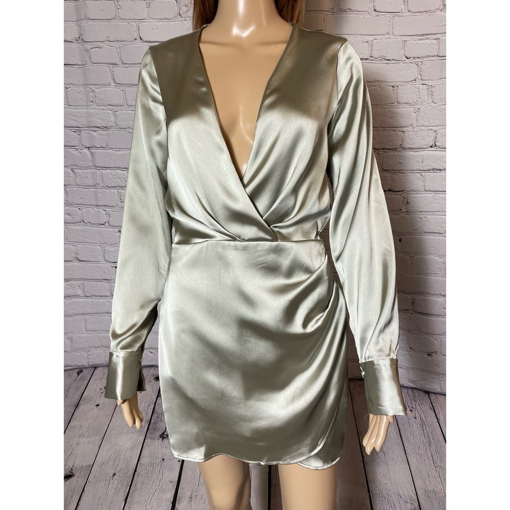 New Zara Wrap Front Satin Long Sleeve Grey Dress Size S - Picture 9 of 12